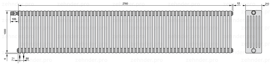 Схема (чертеж) Радиатор Zehnder Charleston 6100/60 №V001 Белый глянцевый RAL 9016